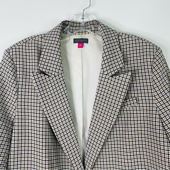 Vince Camuto black white tan plaid preppy office boyfriend button blazer XL - Picture 2 of 7